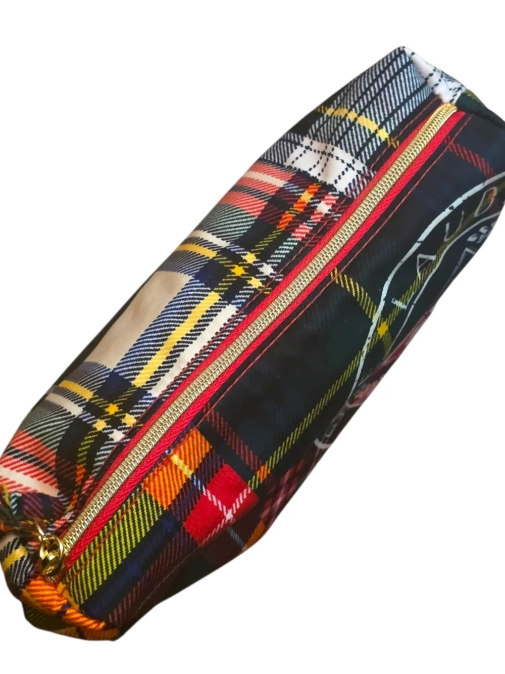 Estee Lauder Plaid Preppy Lined Cosmetic Pouch with Gold Zipper Trim